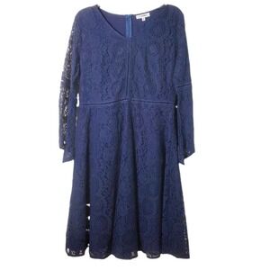 Back‎ In The Saddle Navy Blue Lace V-Neck Long Sleeve A-Line Dress Womens Medium